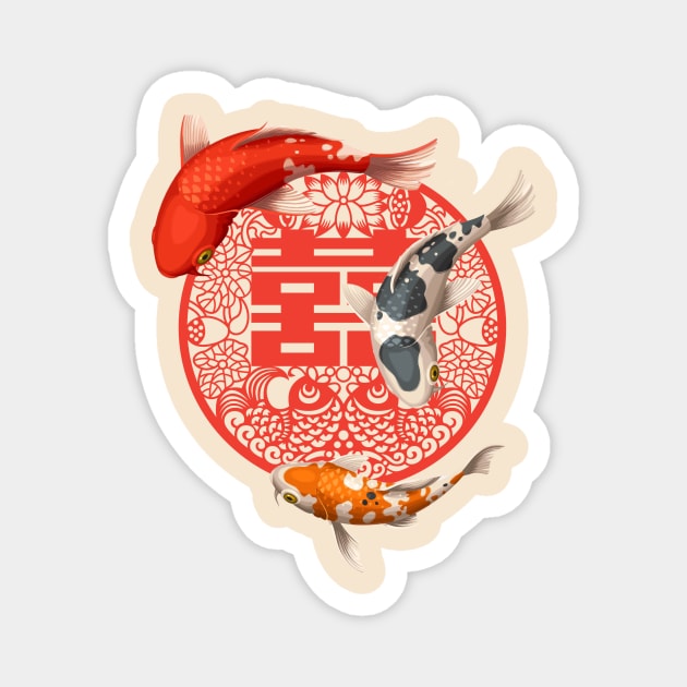 Double Happiness Koi Fish Bright Red and Orange - Hong Kong Retro Magnet by CRAFTY BITCH