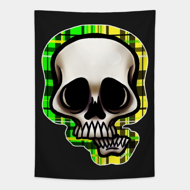 Yellow and Green Split Plaid Skull Tapestry by Jan Grackle