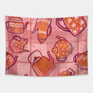 Pink Plaid Tea Lover Teapots Pattern Tapestry