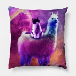 Kitty Cat Riding On Rainbow Llama In Space Pillow