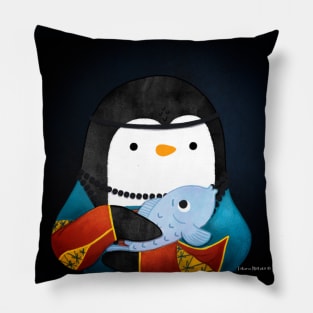 Penguin Lady with a Fish Art Series Pillow