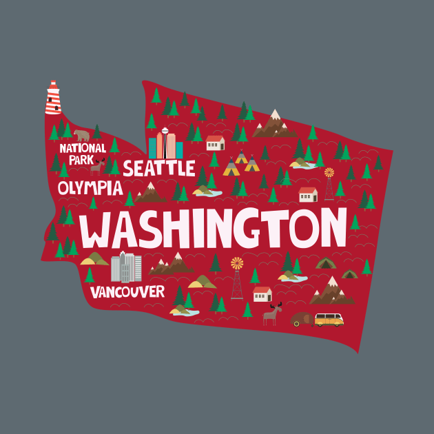 Washington State USA Illustrated Map by JunkyDotCom