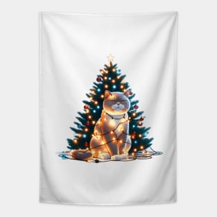 Cute Kitty by the Christmas Tree: Limited Edition Print Tapestry