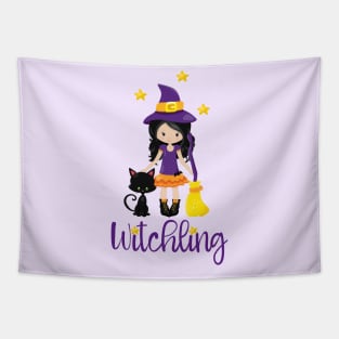 Witchling Design Young Witch Black Cat Halloween Wicca Tapestry