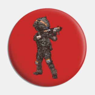 Futuristic Soldier Takes Aim with Assault Rifle Pin