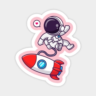 Cute Astronaut Floating With Rocket In Space Cartoon Magnet