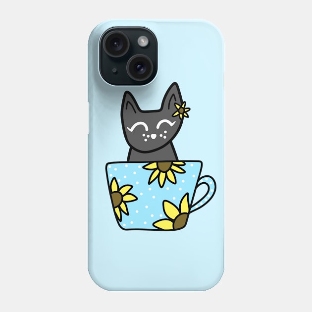 Black Cat in a Blue and White Polka Dot Sunflower Mug, made by EndlessEmporium Phone Case by EndlessEmporium