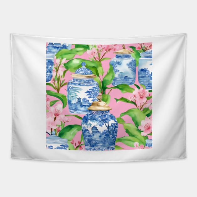 Chinoiserie jars and banana leaves on pink Tapestry by SophieClimaArt