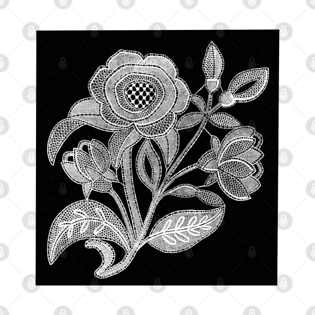 embroidery image with fabric and threads forming a stylized black and white flower branch by Marccelus