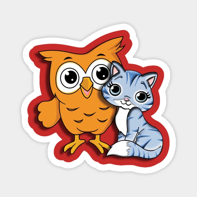 a cat and an owl Magnet by Amadej