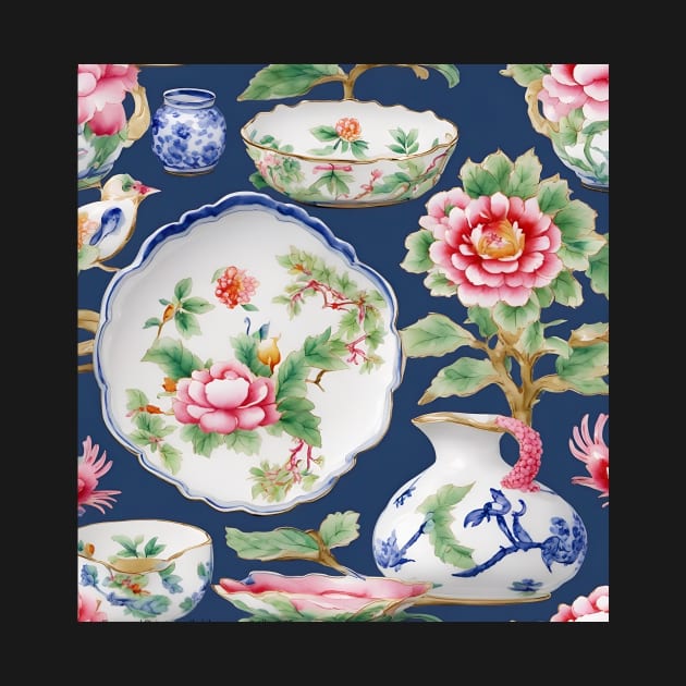 Fantasy chinoiserie porcelain on navy blue by SophieClimaArt