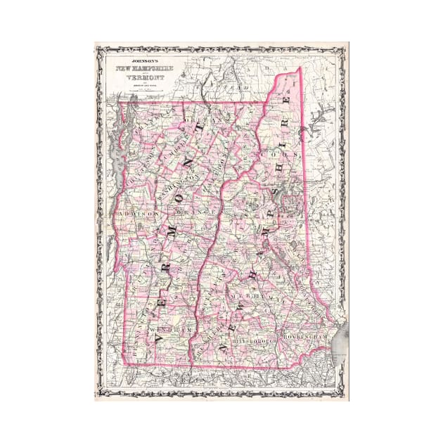 Vintage Map of New Hampshire and Vermont (1861) by Bravuramedia