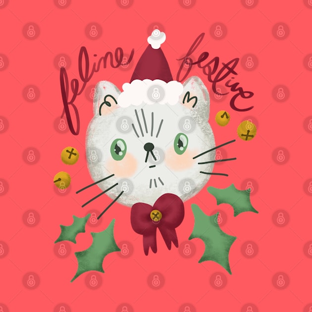 Feline Festive - Christmas cat illustration with bells and holly by KodiakMilly