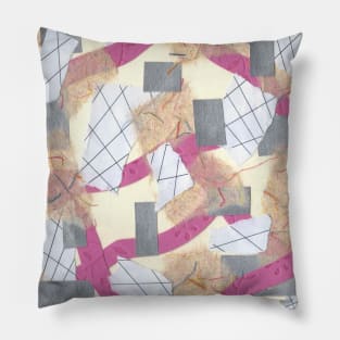 Waves and Ribbons - Pink, Silver, Peach, Rainbow - Abstract Mixed Torn Paper Collage Pillow