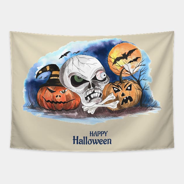 Happy Halloween Skull Pumpkin Tapestry by Mako Design 