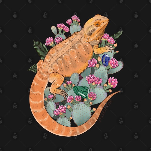Bearded Dragon with Blooming Opuntia Cactus and Boston Ferns with Crystals by starrypaige