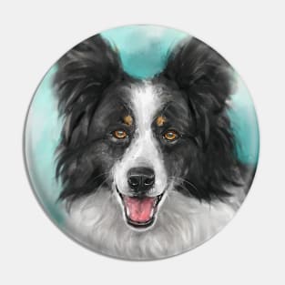 Painting of a Smiling Black and White Border Collie Dog on a Turquoise Background Pin