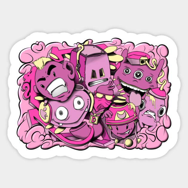 Pink and yellow graffiti cartoon characters - Doodleart - Sticker | TeePublic Pink and yellow graffiti cartoon characters - Doodleart - Sticker | TeePublic