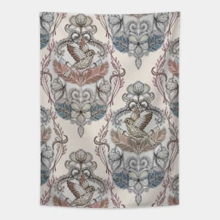 Woodland Birds - hand drawn vintage illustration pattern in neutral colors Tapestry