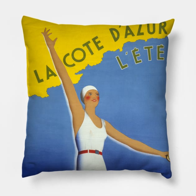 Vintage Poster Restored France La Cote d'Azur l'ete Pillow by vintagetreasure