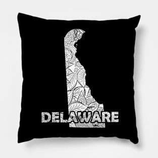 Mandala art map of Delaware with text in white Pillow