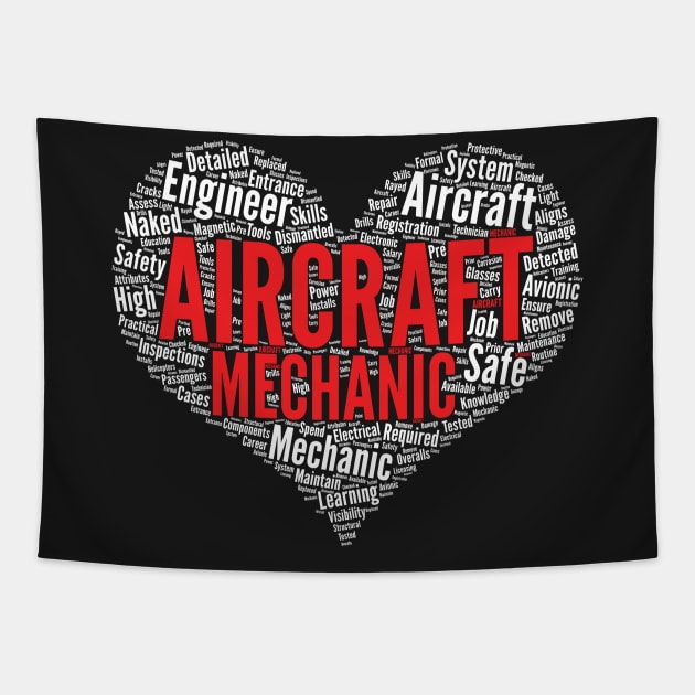 Aircraft Mechanic Heart Shape Word Cloud Fix Airplanes print Tapestry by theodoros20