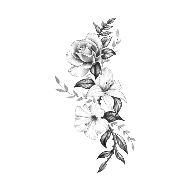 Lily Rose and Hibiscus Floral Tattoo Design by Tred85