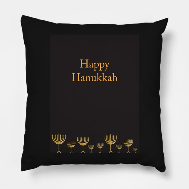 Happy Hanukkah greeting with Golden Menorah illustration on Black background Pillow by sigdesign