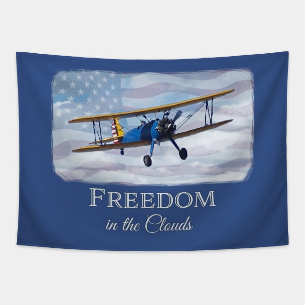 Freedom in the Clouds - cool vintage biplane - patriotic, retro Tapestry by jdunster