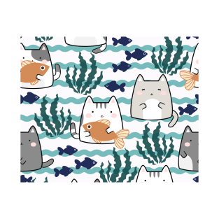 Kawaii Cat and Fish T-Shirt