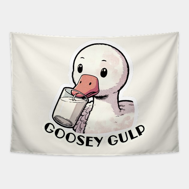 Goosey Gulp - The Quirky Milk-Drinking Goose Tapestry by Conversion Threads