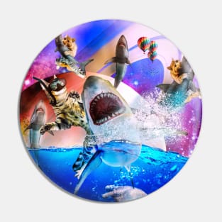 Rainbow Galaxy Cat Riding Shark In Space Pin