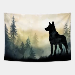 Misty boreal watercolor dog shadow Tapestry