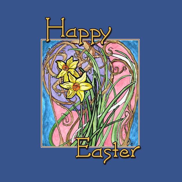 Happy Easter! Colorful Watercolor Daffodils on Blue Marble by CrysOdenkirk