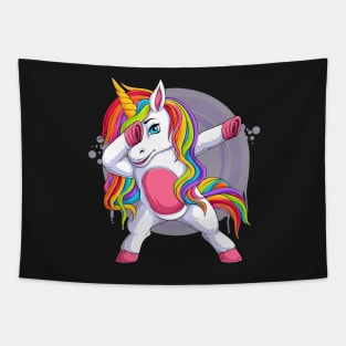 funny unicorn with blue eyes doing dabbing dance Tapestry