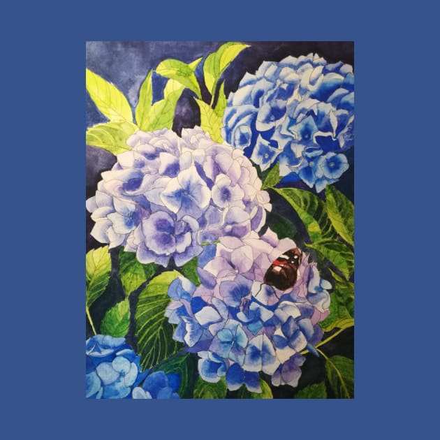 Blue hydrangeas watercolour painting by esvb