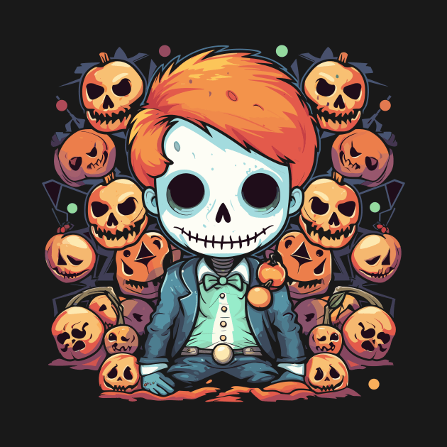 Spooky Elegant Kawaii Zombie Among Twisted Halloween Pumpkin Skulls by InkInspire