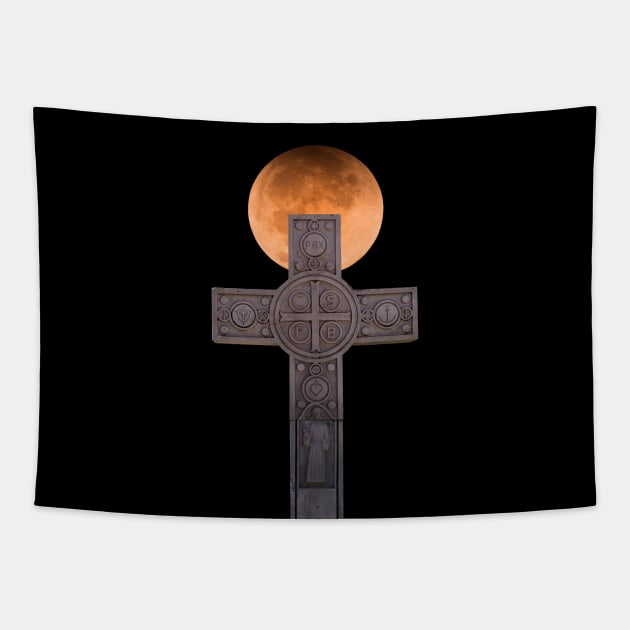 Benedictine Cross in Night Sky Tapestry by LarryNaderPhoto