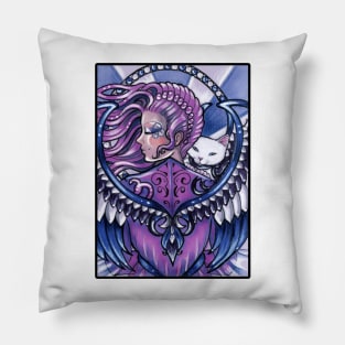 Guardian Angel and White Cat - Black Outline Version Pillow