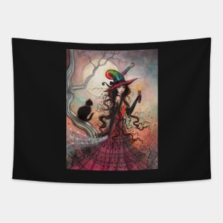 October Flame Witch Cat Fantasy Art by Molly Harrison Tapestry