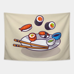 Sushi With Chopstick And Shoyu on Plate Cartoon Tapestry