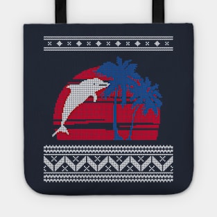 Blue and Red Palm Tree and Dolphin Ugly Christmas Sweater Design Tote