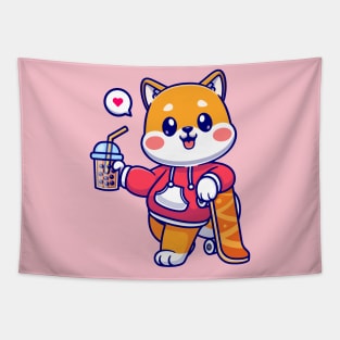 Cute Shiba Inu Drink Boba Milk Tea With Skateboard  Cartoon Tapestry