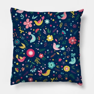 Floral & birds design in blue Pillow