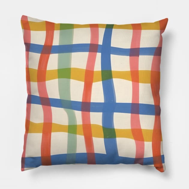 Grid Retro Wavy 70s Colorful Pattern Pillow by Trippycollage