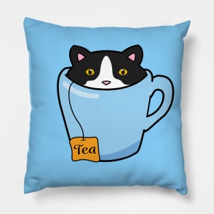 Cute tuxedo cat sitting in a cup of tea Pillow