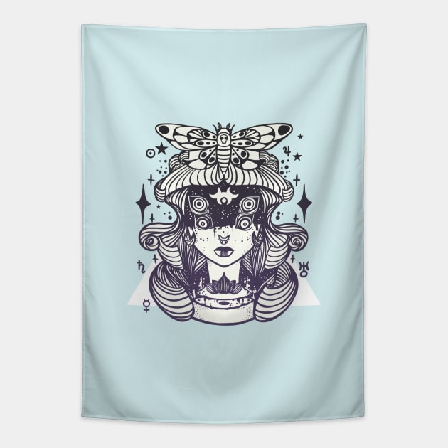 Weird Witch Girl With Quadruple Eyes And Death Head Moth Tapestry by cellsdividing