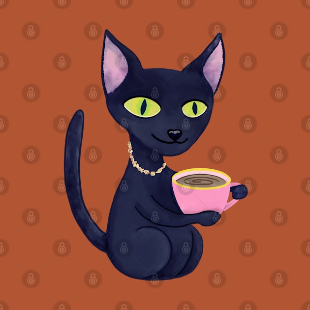 Cute Black Cat Drinking Coffee by MariaWorkman