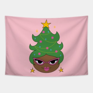 Retro Christmas Tree Cute Beehive - Black Girl Hair Tapestry