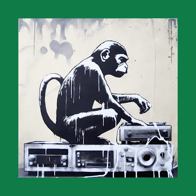 Side view of Banksy monkey playing on vinyl record by KOTYA